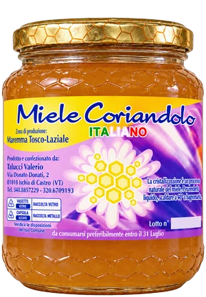 Vasetto di miele di coriandolo dell'Apicoltura Valerio Talucci